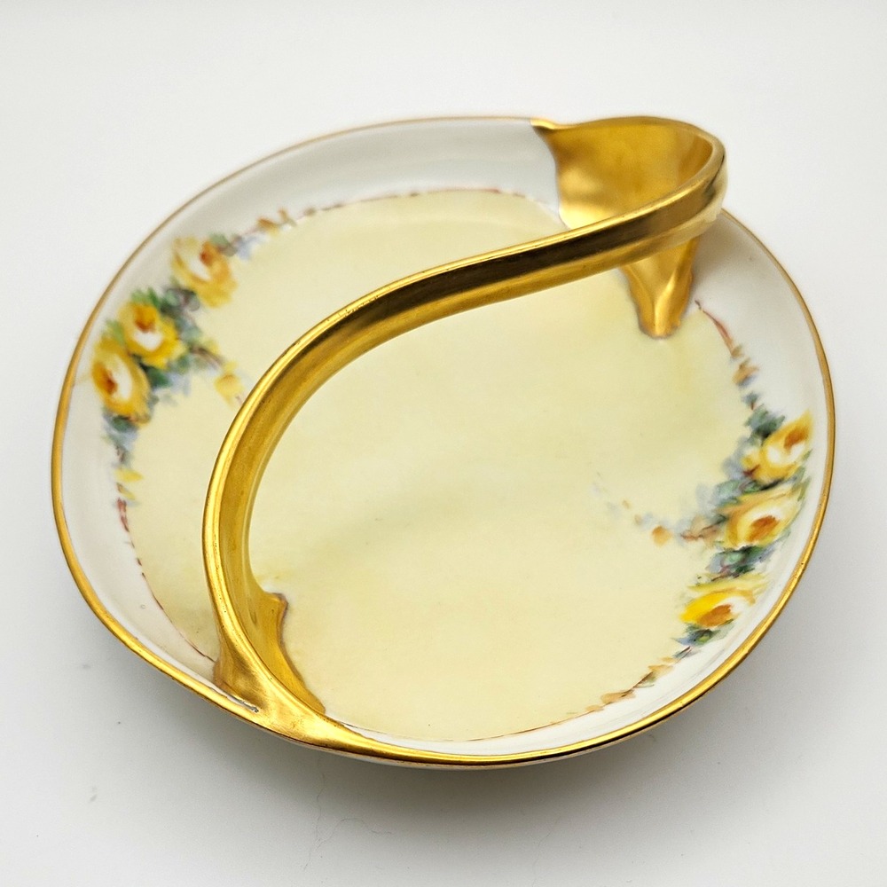 Antique MZ Altrohlau Hand Painted Czechoslovakia Handle Dish Signed Yellow Roses